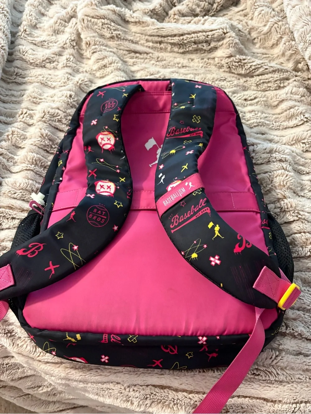 Baseballism bat bros Patterned Black and Pink Backpack with Yellow Accent
